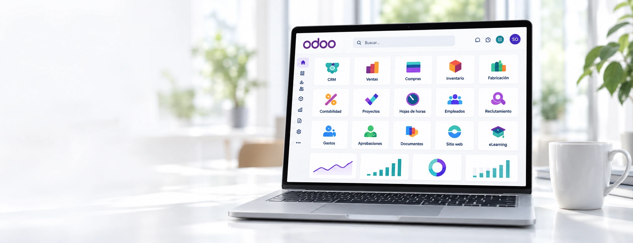 Portátil con una vista ilustrativa de las aplicaciones integradas de Odoo
